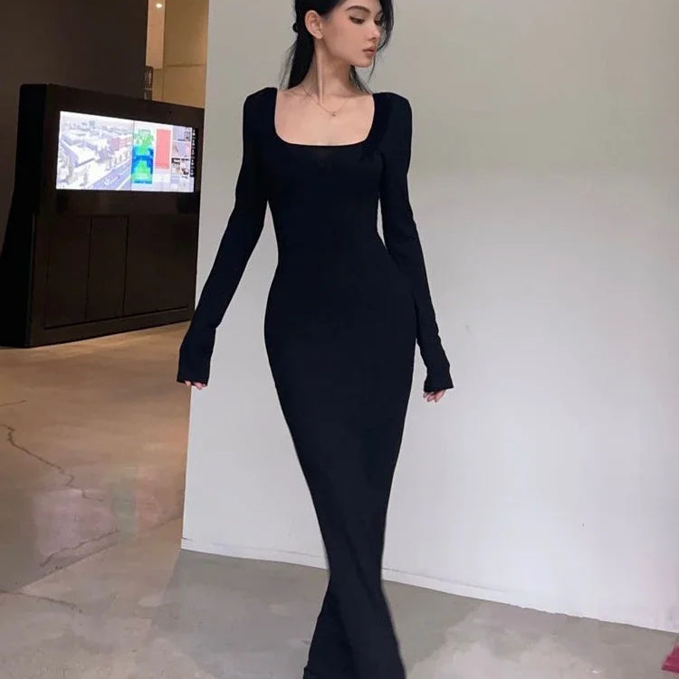Y2K Sexy Black Dress Women Vintage Wrap Slim Bodycon Long Dresses Party Evening Square Collar Fashion Spring Outfits