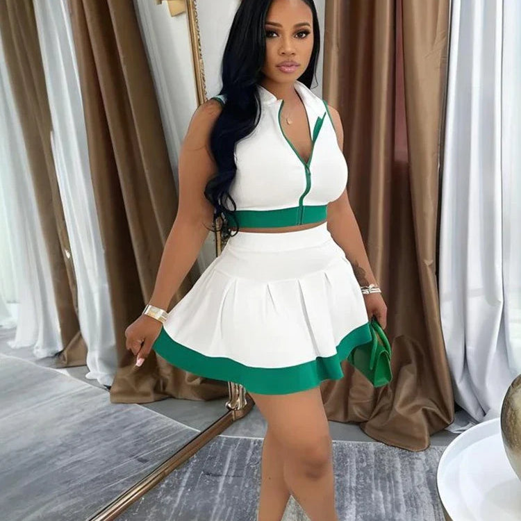 CM.YAYA Women's Set Sleeveless V-neck Vest + Pleated Skirts 2025 Summer Cute Street Beach Two 2 Piece Sets Outfits Tracksuit