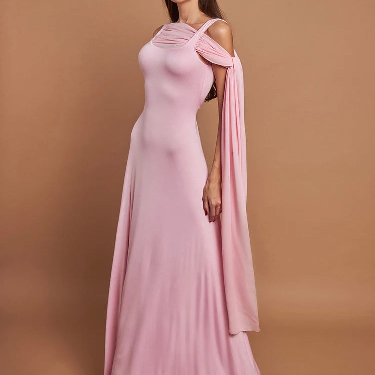 Pink Cape Sleeve Sexy Maxi Dress For Women Off-shoulder Backless Gown Elegant Skew Collar Lace-up Long Dress Vestido