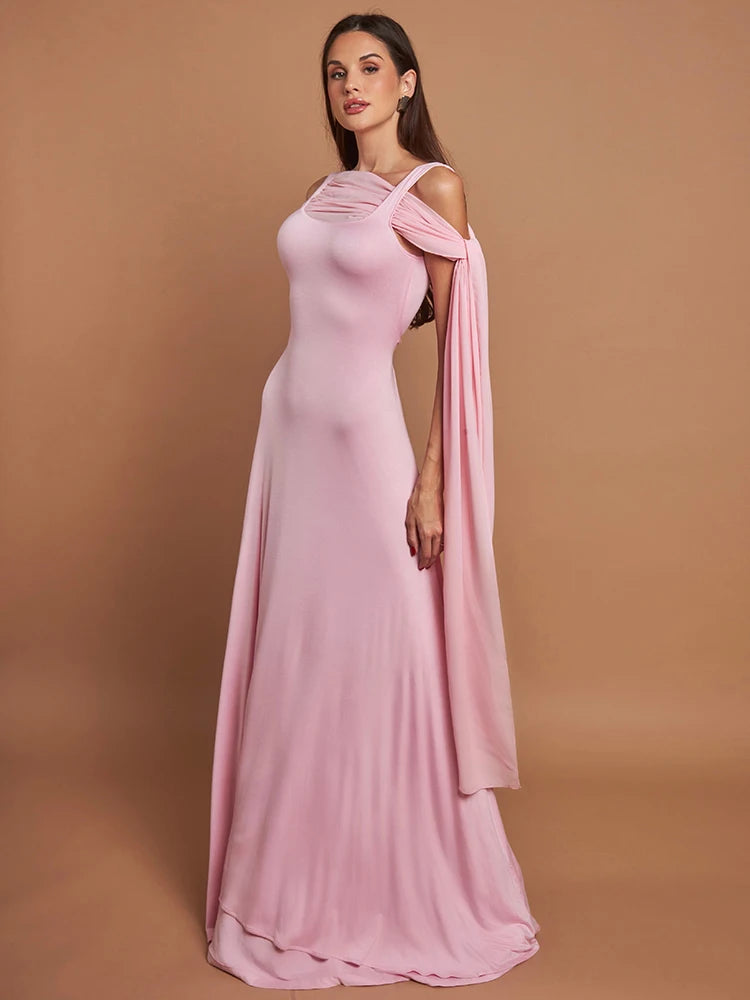 Pink Cape Sleeve Sexy Maxi Dress For Women Off-shoulder Backless Gown Elegant Skew Collar Lace-up Long Dress Vestido