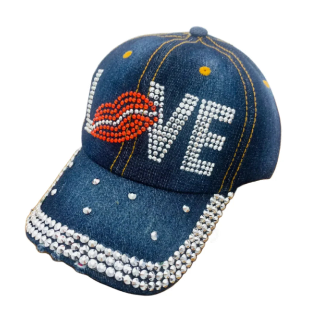 Fashion Rhinestone Hat Butterfly / Star / Crown/Love Denim Baseball Spring Summer Outdoor Hat Peaked Cap LOVE InkBlue Adjustable