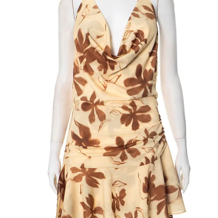 Halter Print Sexy Mini Dress For Women Robe Elegant Deep V Neck Sleeveless Backless Ruffled High Waist Beach Dress