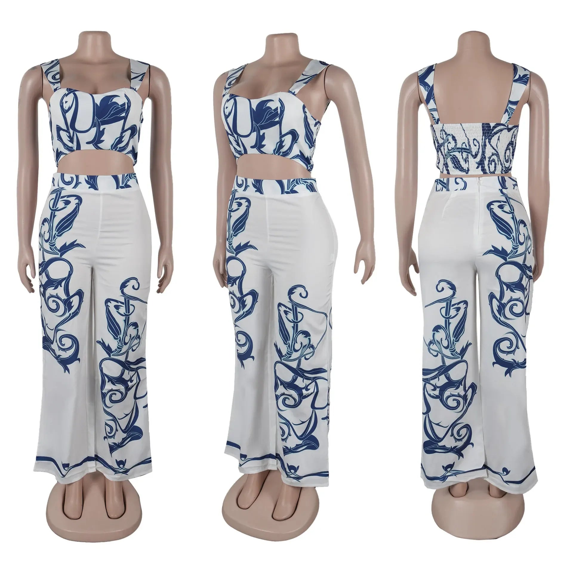 CM.YAYA 2024 Summer Women's Set Sleeveless Strapless Tops +Wide Leg Pants Print Party Street Two 2 Piece Sets Outfits Tracksuit