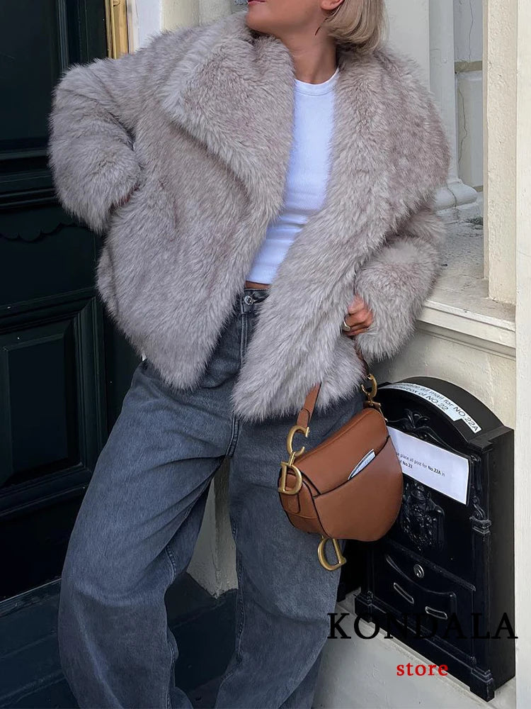 Vintage Faux Fur Oversized Coats Women Fashion Autumn Winter Thick Warm Jackets Casual Pockets Elegant Outwears