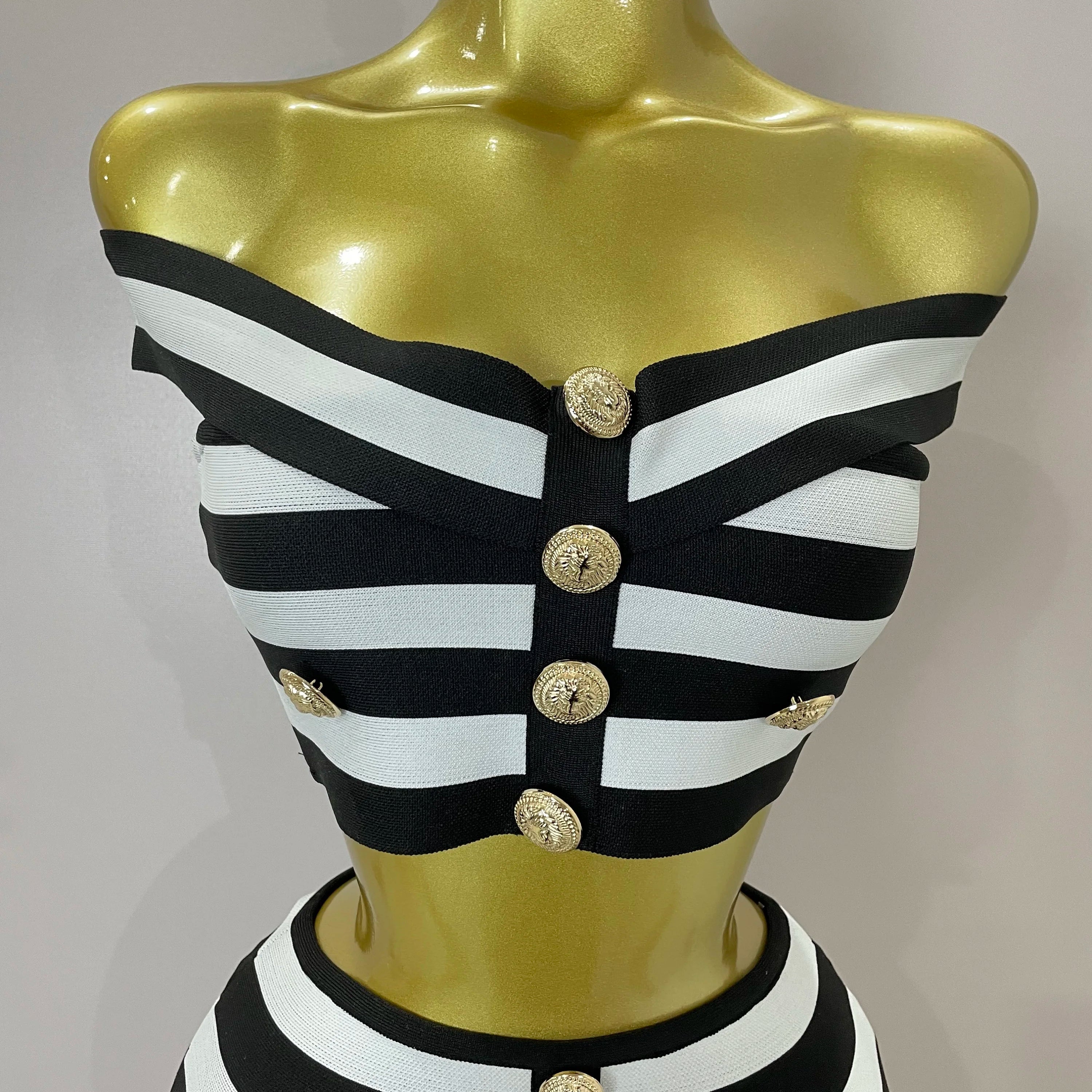 Sexy Off Shoulder Striped Button Two Piece Mini Bandage Set 2025 Women Celebrity Designer Evening Party Luxury Birthday Outfit