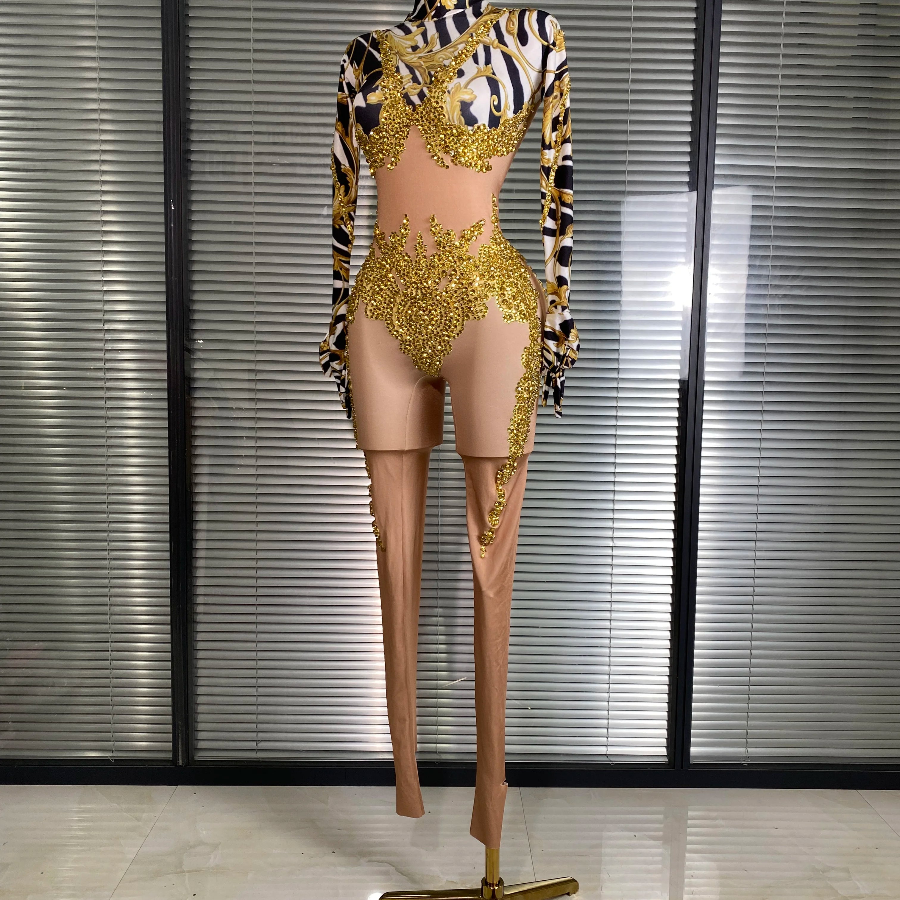 Women Sexy Skin Gold Bodycon Jumpsuit Celebrity Designer Singer Dancer Night Club Rompers