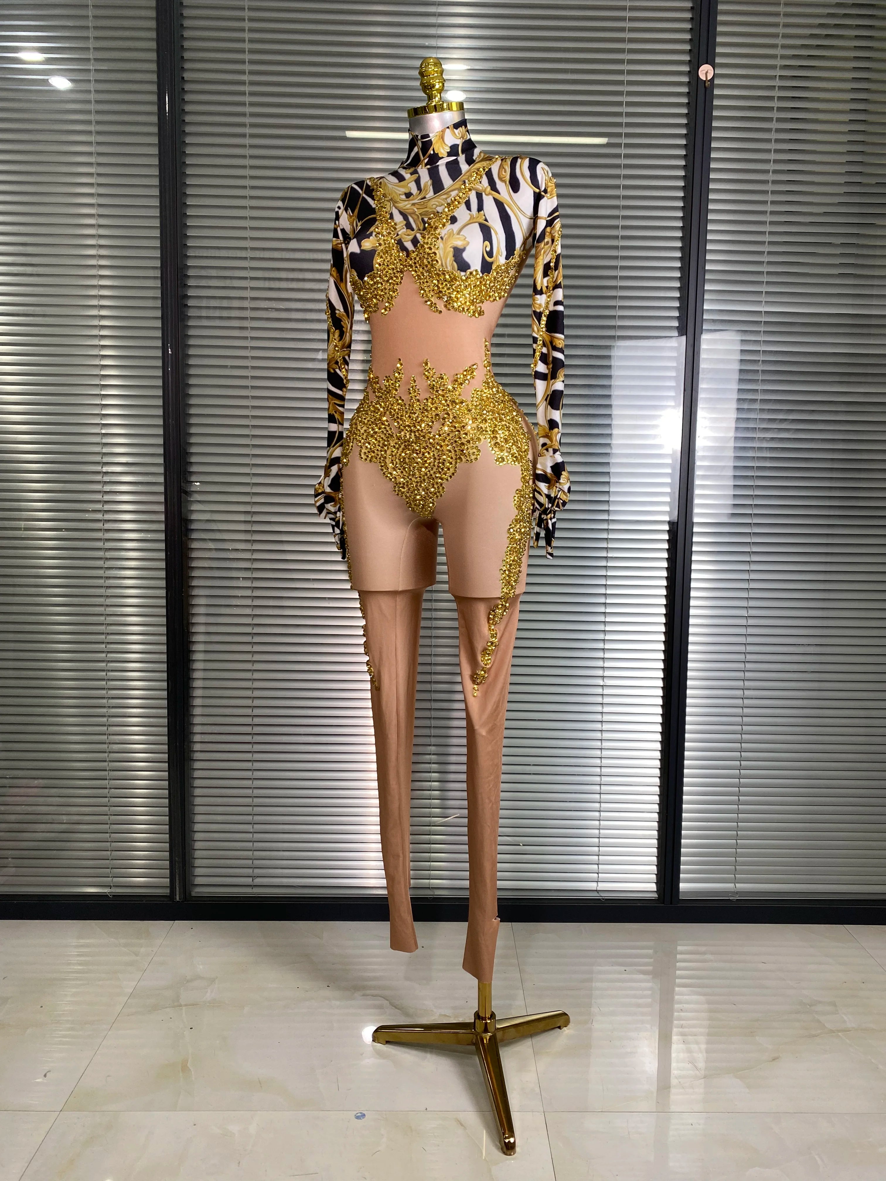 Women Sexy Skin Gold Bodycon Jumpsuit Celebrity Designer Singer Dancer Night Club Rompers