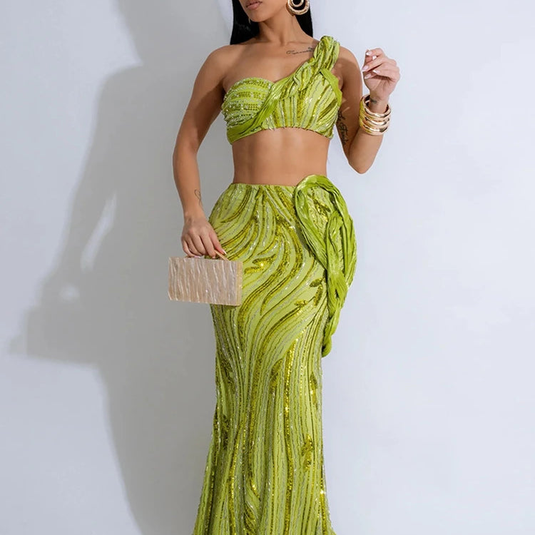 CM.YAYA Women’s Dress Set Mesh Sequined Ribbon Sleeveless Strap Top + Long Skirts Sets 2 Two Pcs Sets Sexy Party Evening Oufits