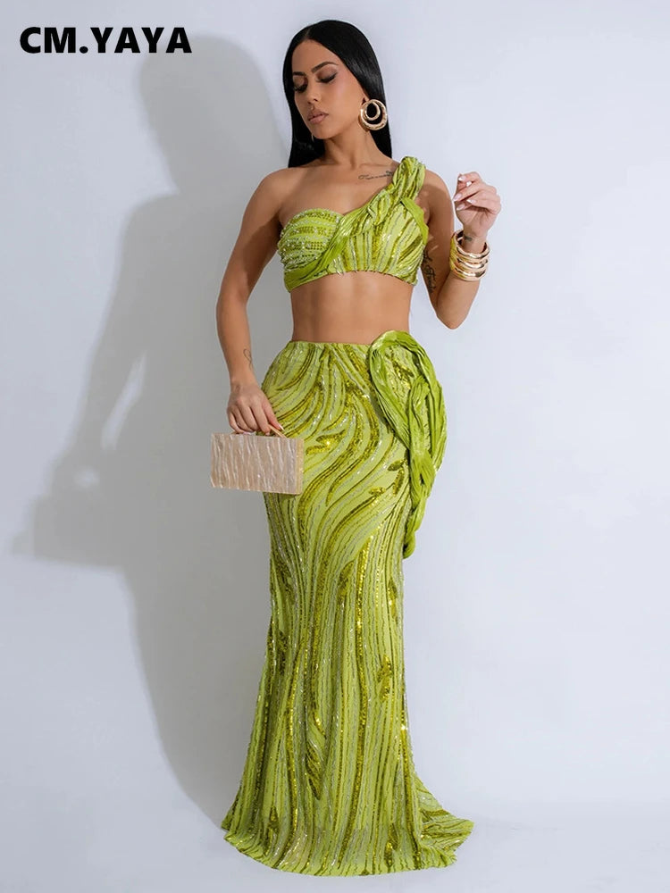 CM.YAYA Women’s Dress Set Mesh Sequined Ribbon Sleeveless Strap Top + Long Skirts Sets 2 Two Pcs Sets Sexy Party Evening Oufits