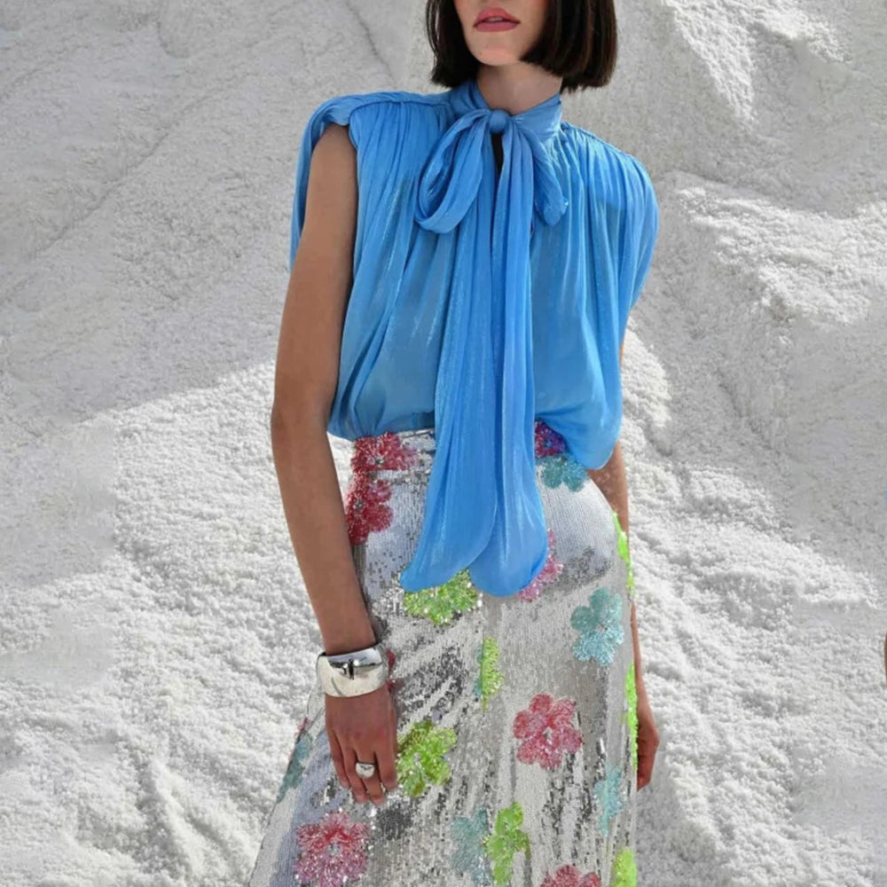 TWOTWINSTYLE Solid Loose Spliced Bow Elegant Blouses for Women Round Neck Sleeveless Temperament Blouses Female Fashion Clothing