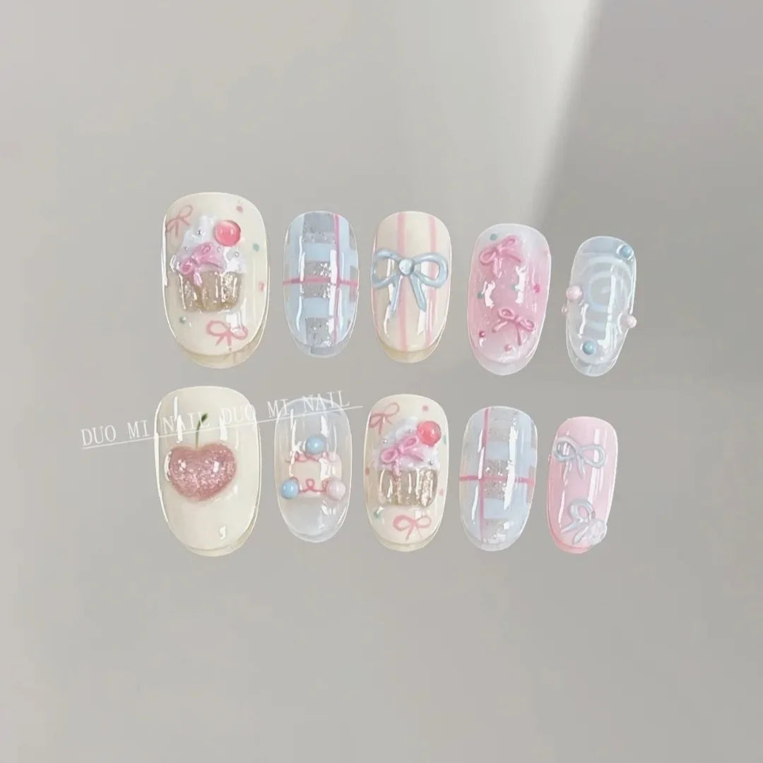 10pcs Handmade Fake Nail Art Short Oval Nails Tips Cute Cherry Bow Design Stick on Nail Detachable  Pink Press on Fake Nails Set