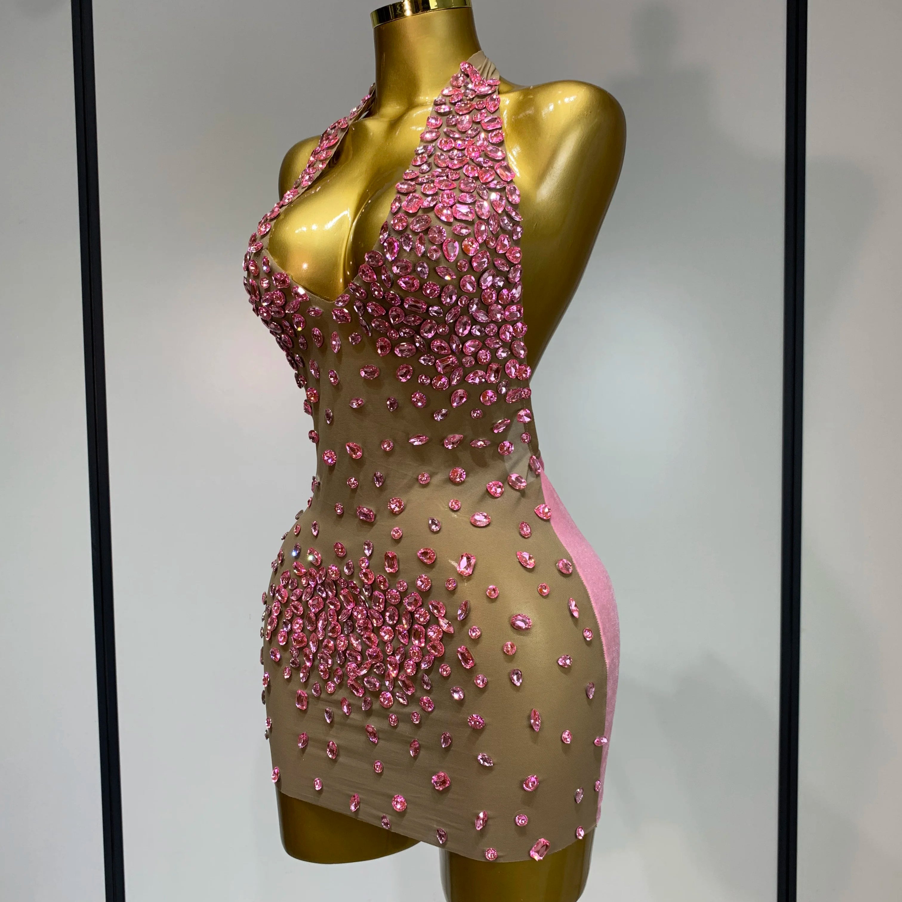 Luxury Rhinestones Backless Mini Dress Women Sexy Mesh Transparent Celebrate Evening Birthday Photo Shoot Perform Stage Outfit