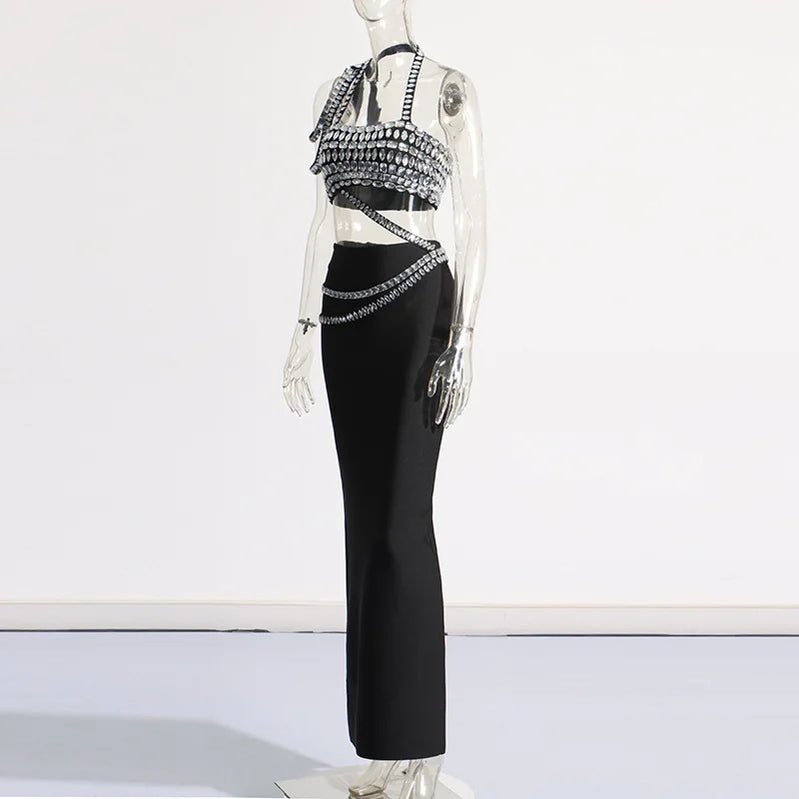 Vestido longo bandagem justo preto feminino, 2 peças, sexy, com cristais grandes, moda boate, festa, comemoração