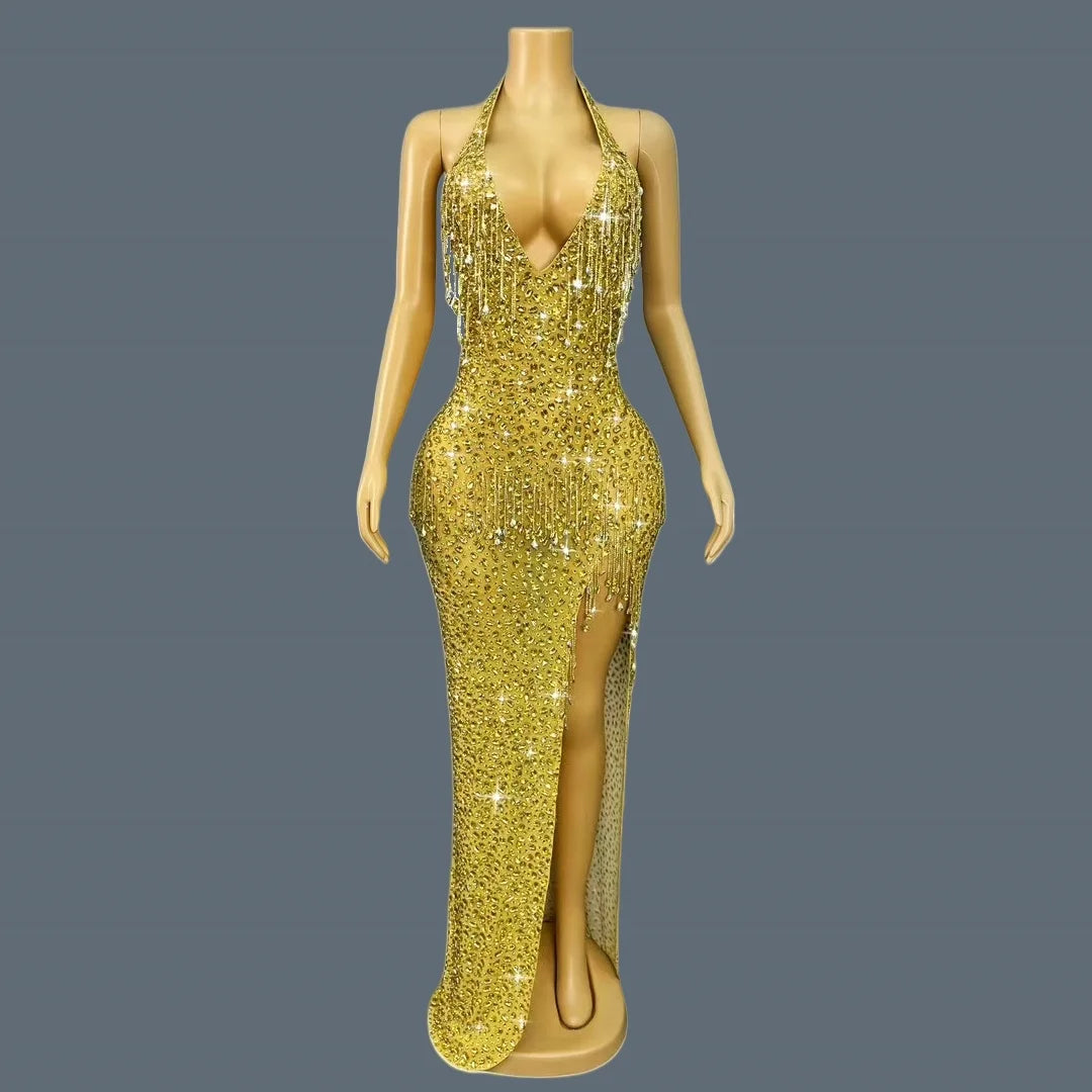 Black Tassel Sparkly Crystals Deep V Neck Evening Gown Low-cut Long Dress Birthday Celebrate Party Photo Shoot Wear Wulongweibo