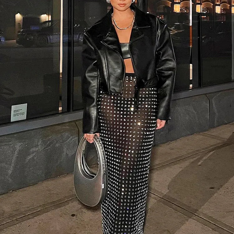New Arrival Shining Square Diamonds Sexy Mesh See Through Black Long Skirt Fashion Woman High Street Wear Evening Party Outfit