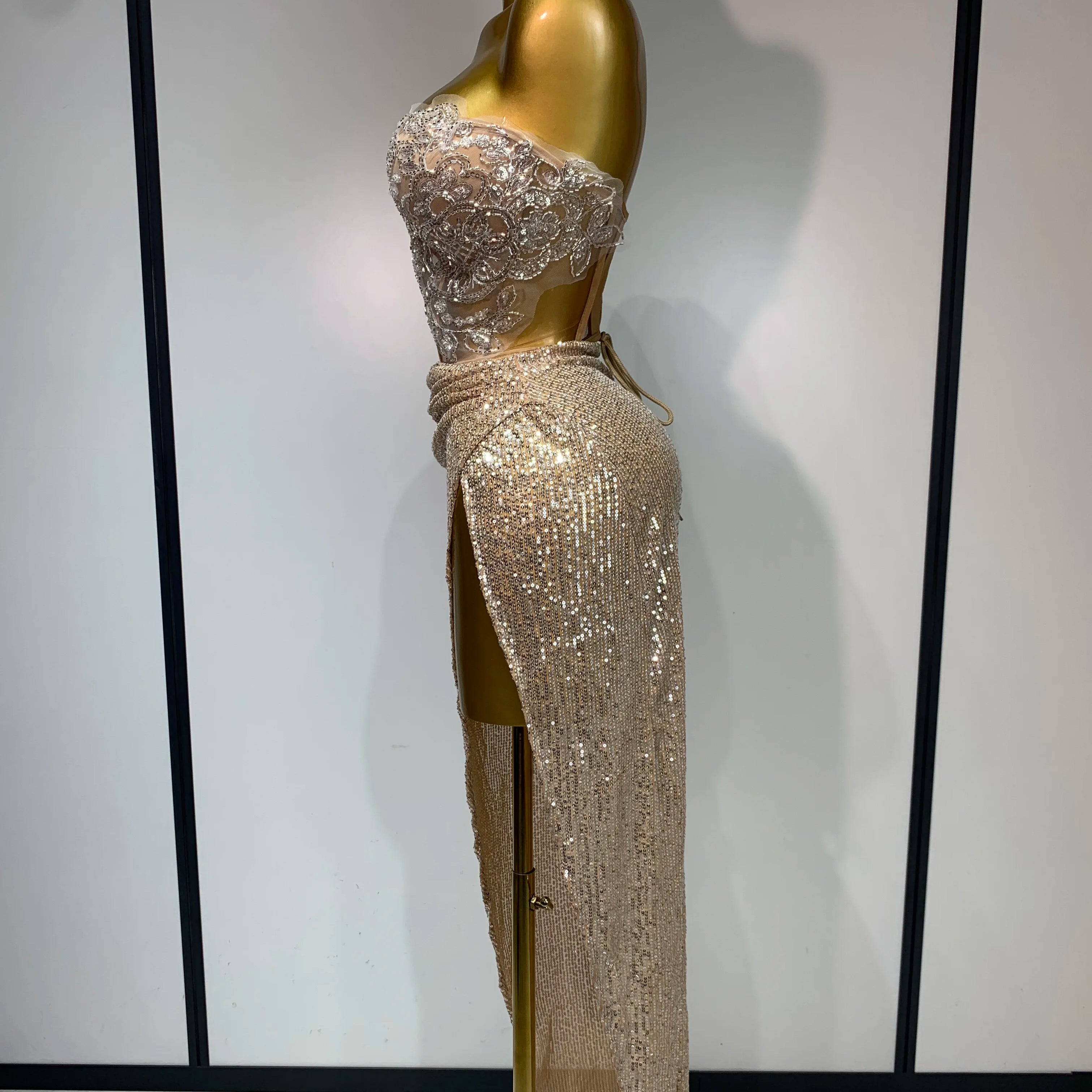 Shinning Beading Sequins Women Sexy Strapless Bodycon Two Pieces Set Celebrate Nightclub Party Luxury Birthday Stage Outfit