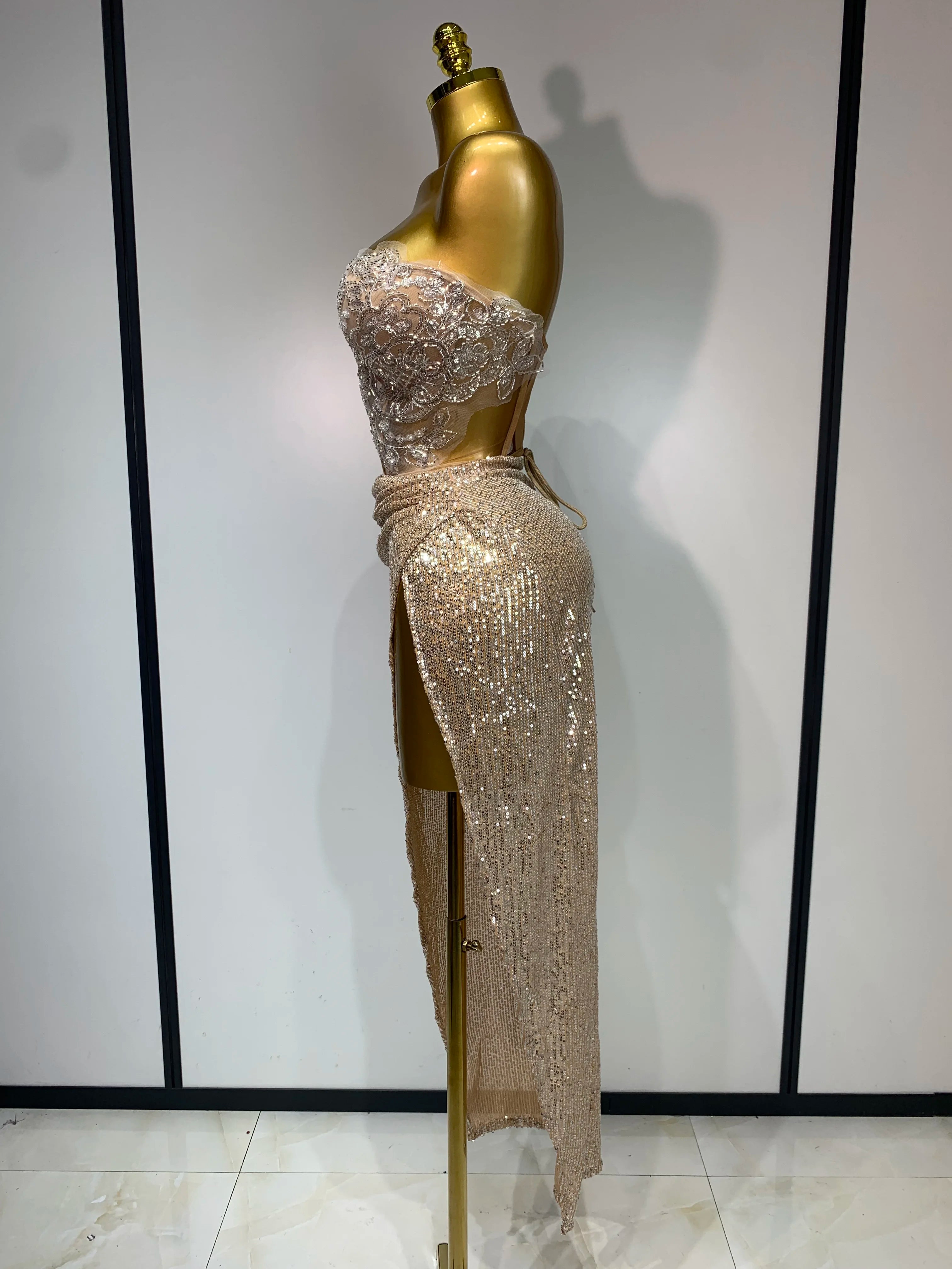 Shinning Beading Sequins Women Sexy Strapless Bodycon Two Pieces Set Celebrate Nightclub Party Luxury Birthday Stage Outfit