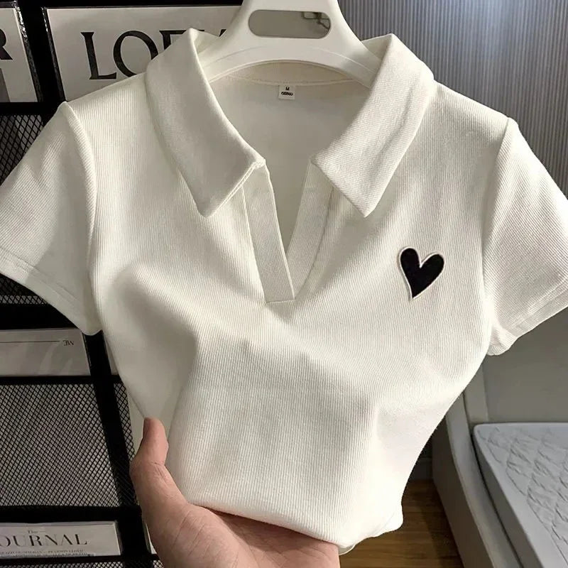 Loves Embroidery T-shirt Polo Collar Orthoshoulder Slim Hotsweet Women's Crop Top Korean Fashion Hottie Simple Casual Wholesale white