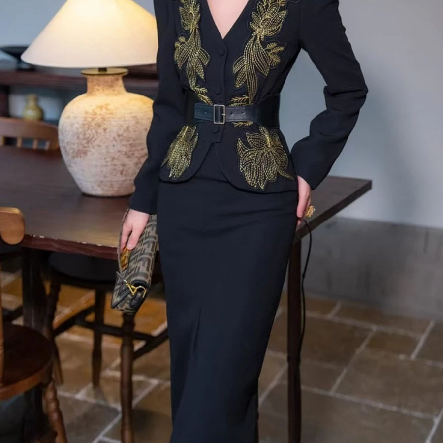 TWOTWINSTYLE Solid Spliced Appliques Two Piece Sets for Women V Neck Long Sleeve Top High Waist Split Skirts Elegant Set Female