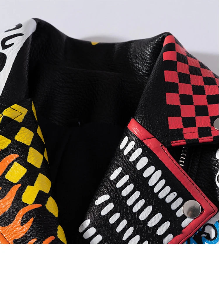 Fashion Brand Coat PU Leather Jacket Women Leopard Print Graffiti Rivets Punk Coats Slim Locomotive Cropped Jacket Leather Top