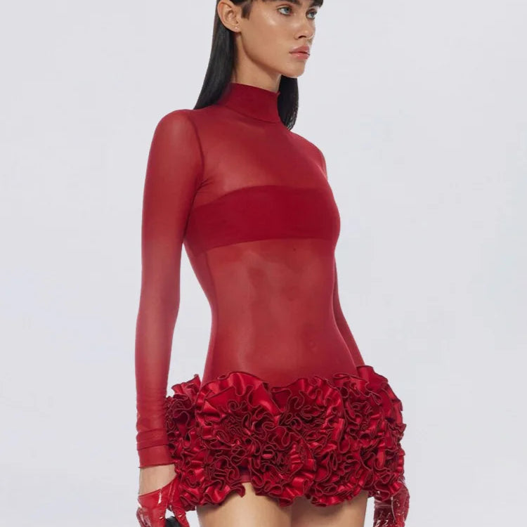 Christmas Women Sexy Mesh See Through Bodycon Mini Bandage Dress Florals Nightclub Party Bar Singer Performance Costume