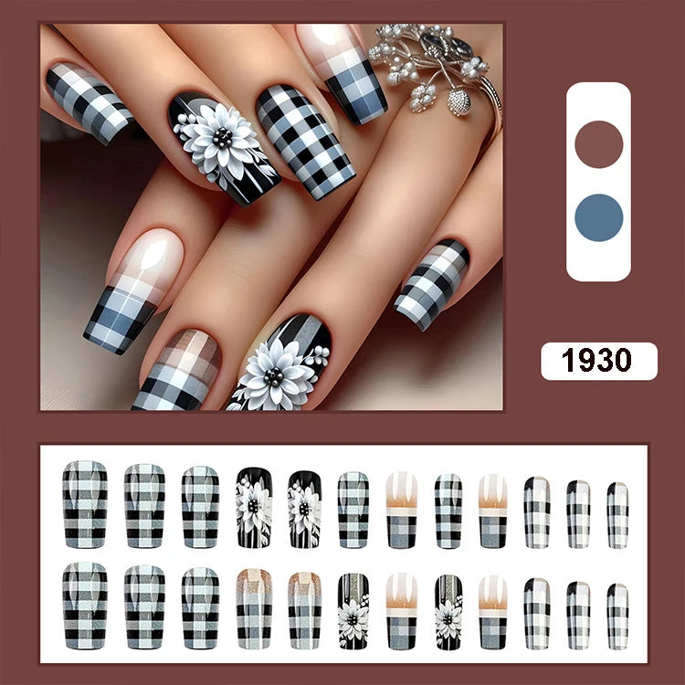24pcs/set Meduim long fake nails for women peach flowers heart for Spring summer Square faux ongles press on false nail art tips