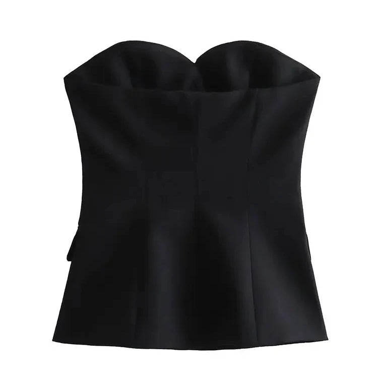 Nlzgmsj TRAF Black Crop Top Women Sexy Spliced Corset Top Female Heart Collar Backless Tops for Women Strapless Tube Tops Woman
