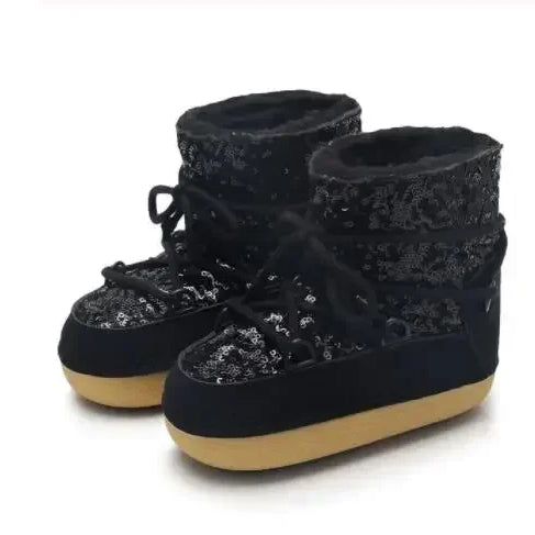 Winter Snow Boots Fashion space boots Thick Faux Fur fluffy Lace-Up Warm Waterproof Rubber Plush style lunar shoes Girls Booties black 02