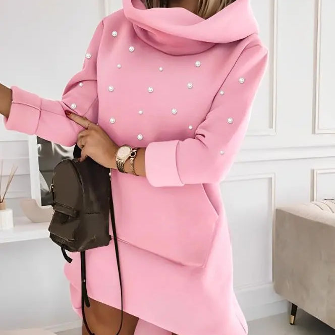 Elegant Dresses for Women Beaded Hooded Casual Sweatshirt Dress Autumn Winter Spring Fashion Casual Female Clothing A