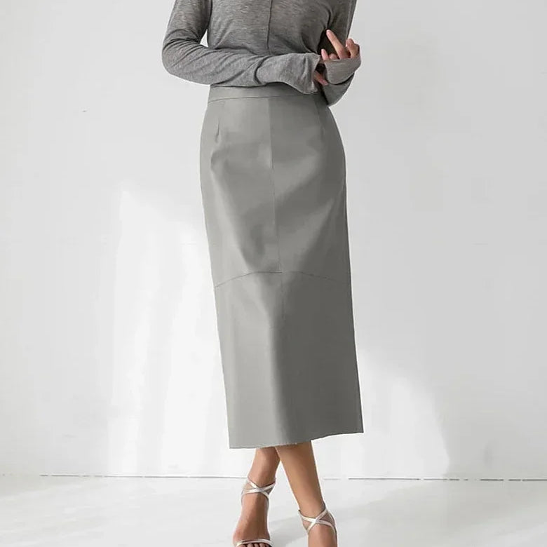 Khaki Wrap Skirts for Women Spring Elegant Simple PU Slit A Line Midi Skirts Black Sexy Slim High Waist Bodycon Skirt Grey
