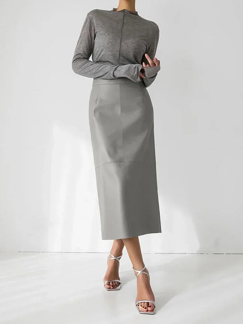 Khaki Wrap Skirts for Women Spring Elegant Simple PU Slit A Line Midi Skirts Black Sexy Slim High Waist Bodycon Skirt Grey