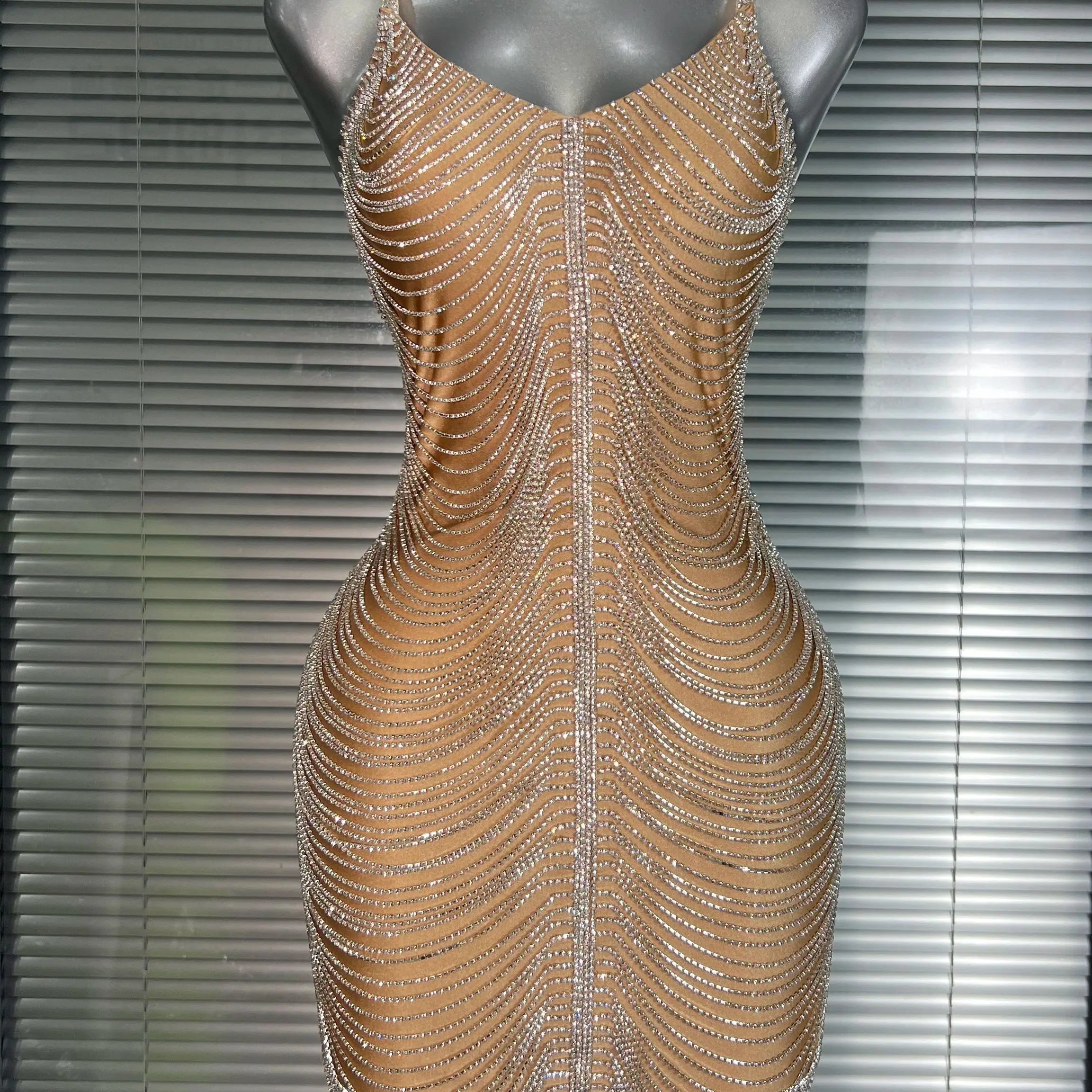 Ins Celebrity New Women Sexy Khaki Crystal Shining Mini Dress Stage Costume Dancer Singer Night Club Sparkly Party Dress