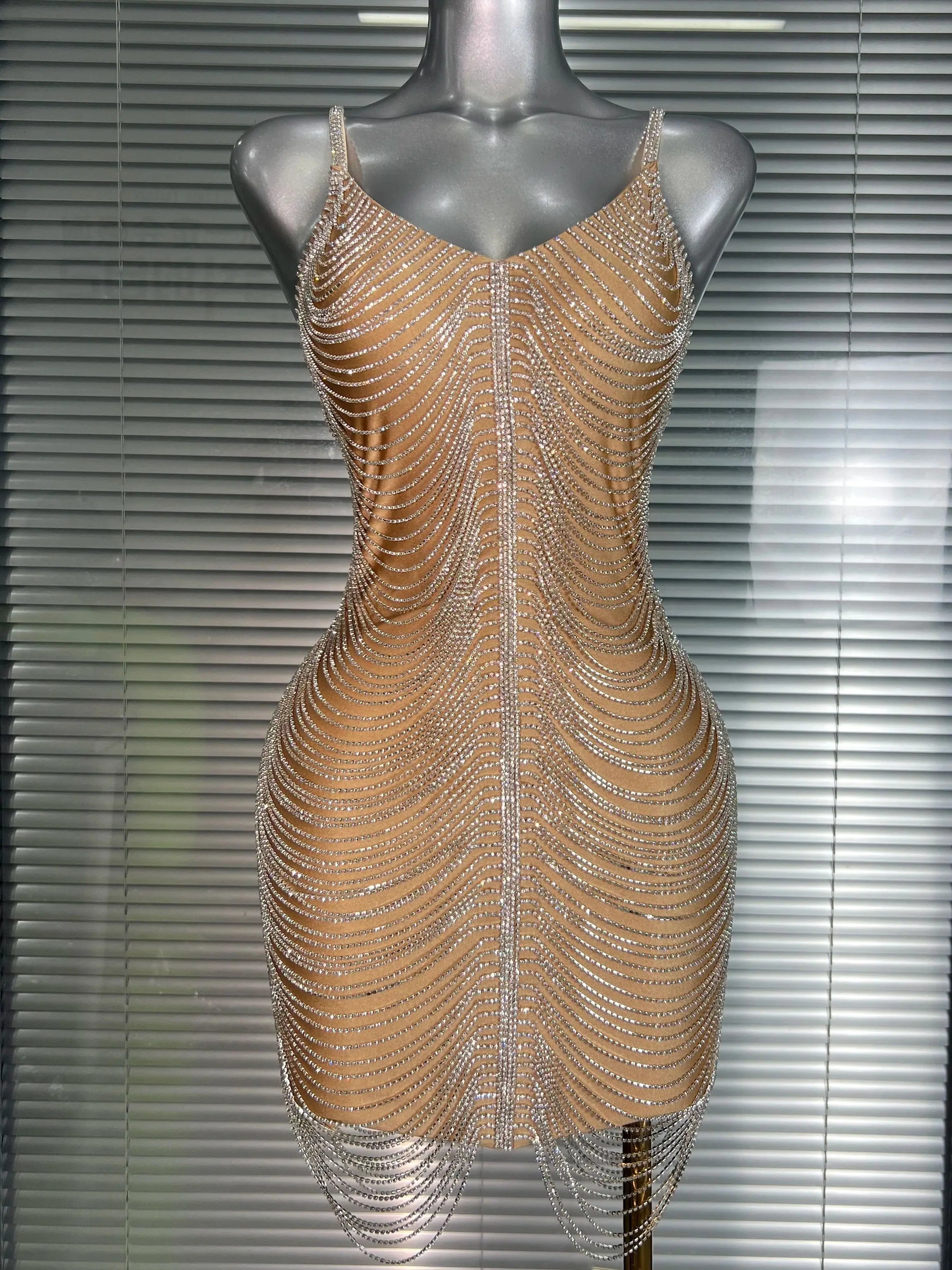 Ins Celebrity New Women Sexy Khaki Crystal Shining Mini Dress Stage Costume Dancer Singer Night Club Sparkly Party Dress
