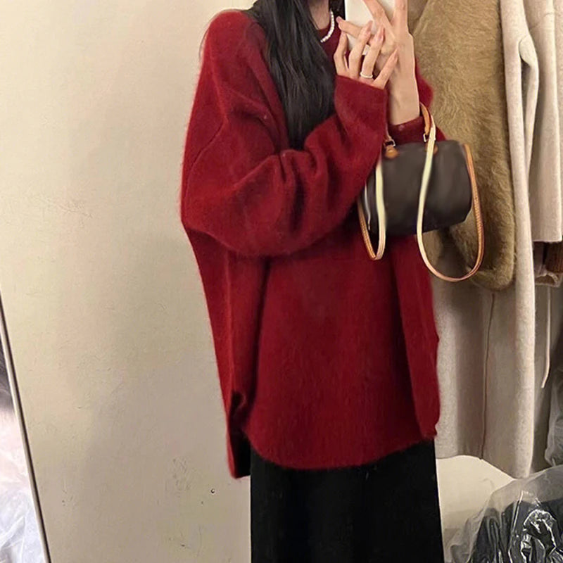 Fashion Knit Pullover for Women Sweet O-neck Fluffy Sweater Female Spring Autumn Soft Elegant Long Sleeve Ladies Knitwear Red One Size