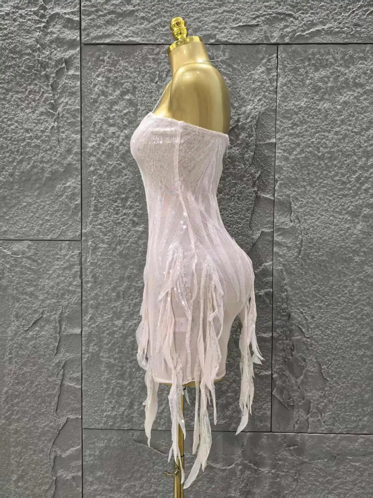 Pink Color Women Sexy Strapless Sexy Sequins Bodycon Mini Dress Nightclub Party Girls' Birthday Cocktail Outfit