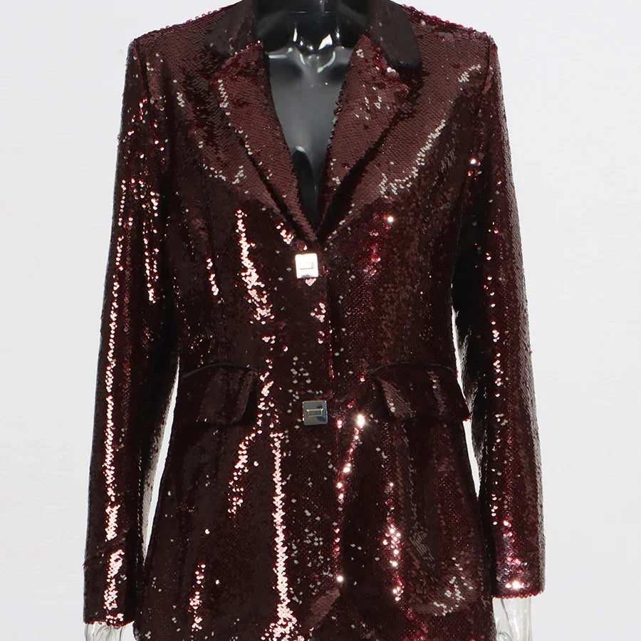 TWOTWINSTYLE Solid Slimming Spliced Sequins Blazer for Women Lapel Long Sleeves Patchwork Pockets Coat Female Fashion Clothing