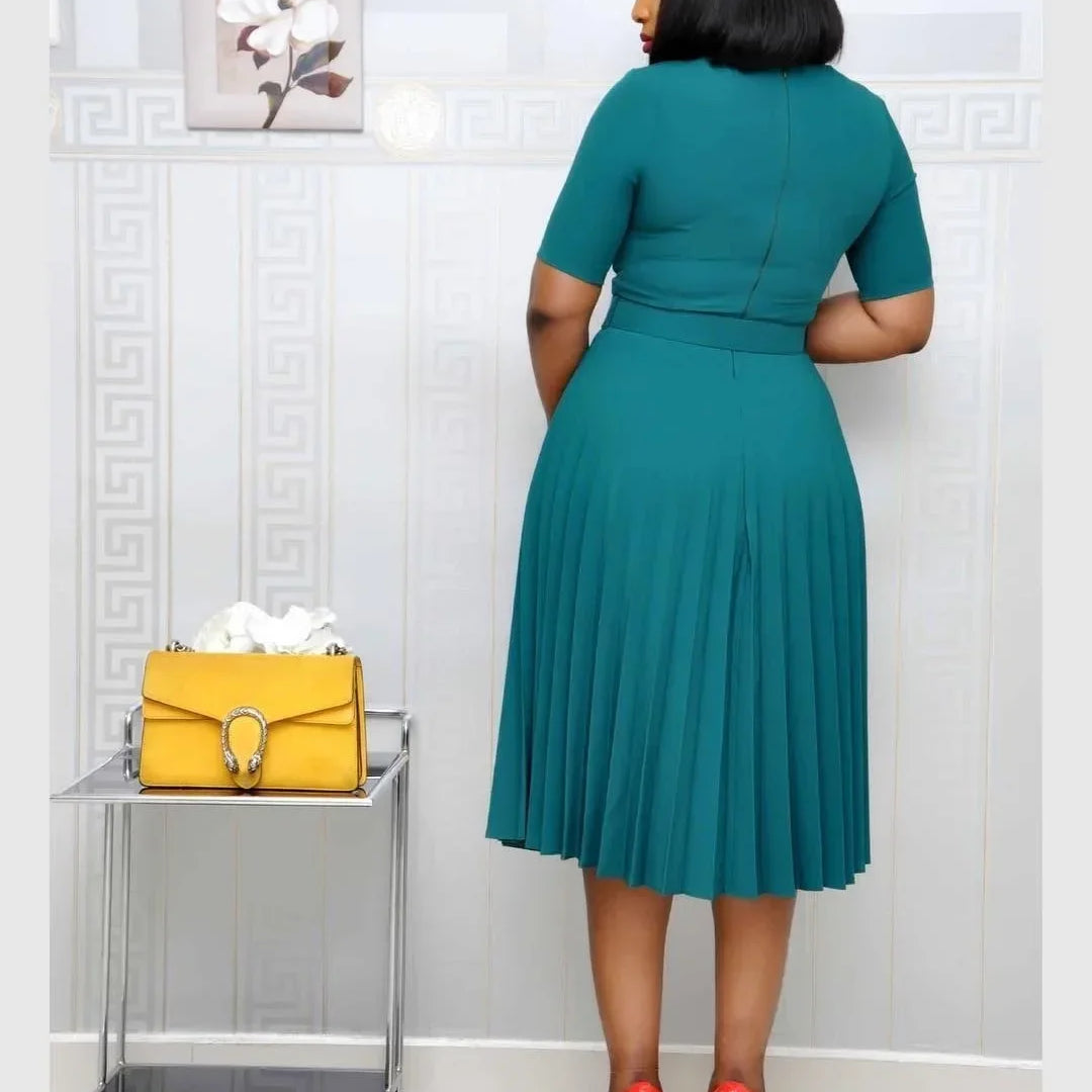 CM.YAYA Summer Midi Pleated Dress Short Sleeve Office Lady Africa Sashes Women High Waist Elegant Dresses Vestidos