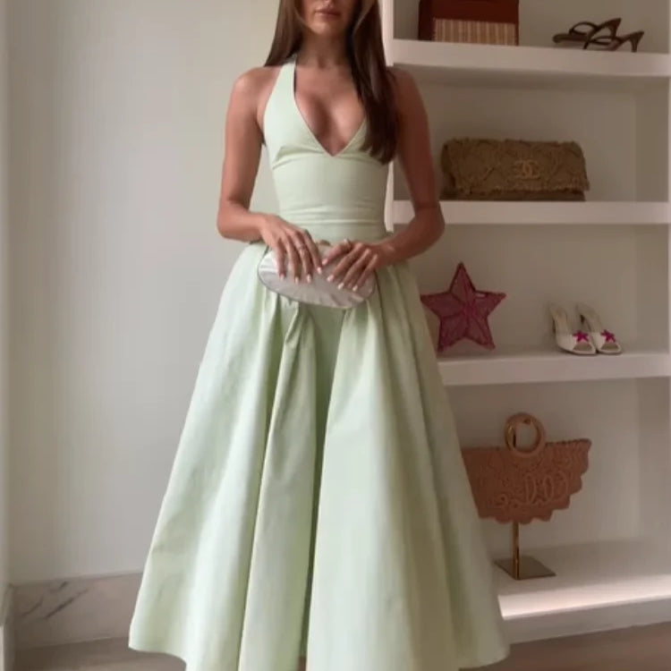 Elegant V Neck Green Long Dresses Women Fashion High Waist A-line Halter Midi Vestidos New Summer Lady Evening Party Dress 2025