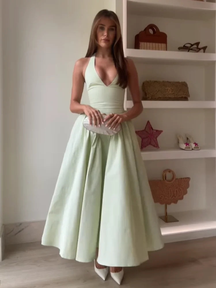 Elegant V Neck Green Long Dresses Women Fashion High Waist A-line Halter Midi Vestidos New Summer Lady Evening Party Dress 2025