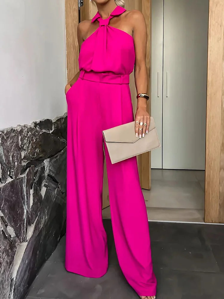 New Spring Summer Women Sleeveless Jumpsuits, Wide Leg Pants Loungewear Playsuits, Patchwork Pocket Simple Ladies Bodysuits