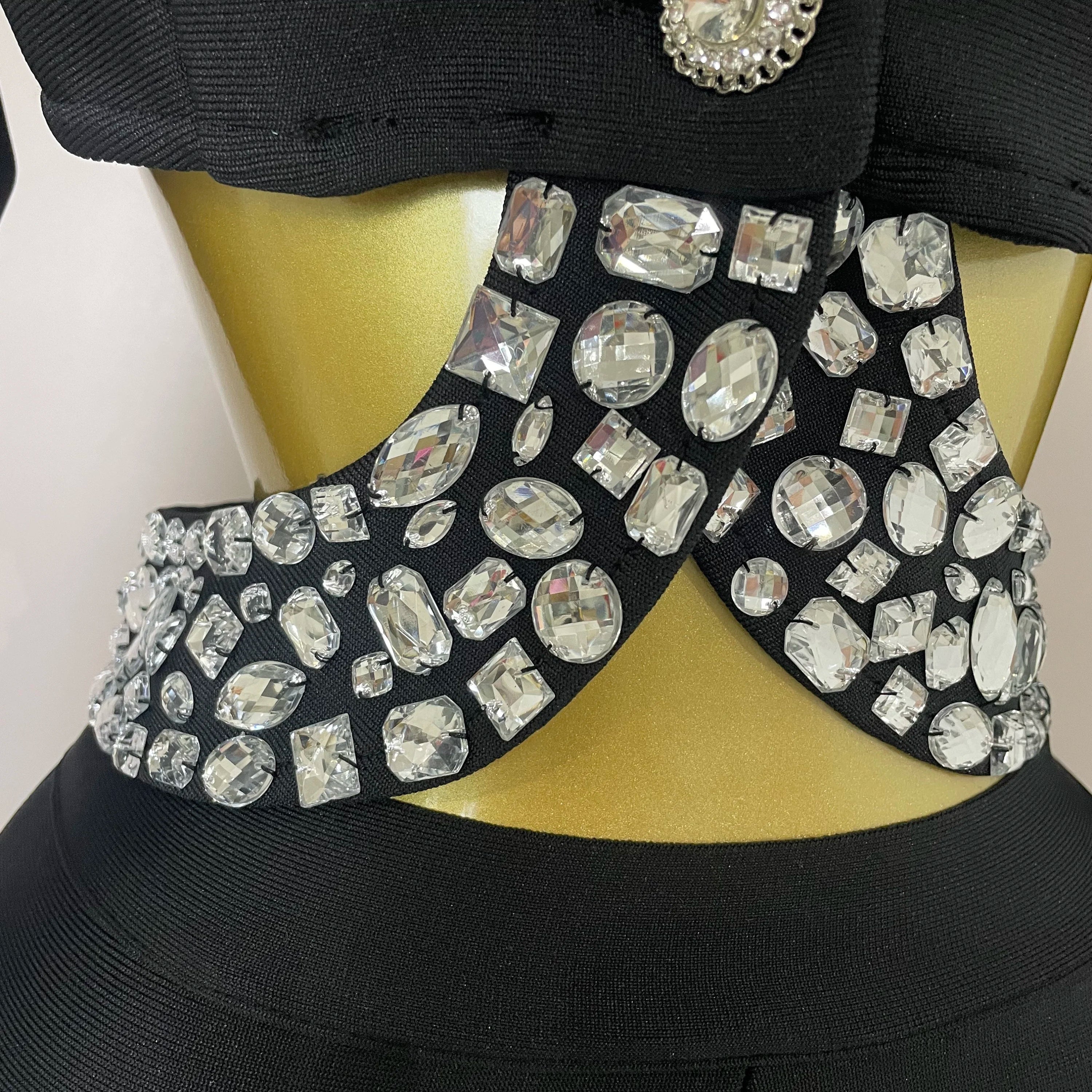 Sexy Cut Out Long Sleeve Beading Bodycon Two Pieces Pants Bandage Set Women Celebrity Designer Fashion Women Luxury Birthday Set