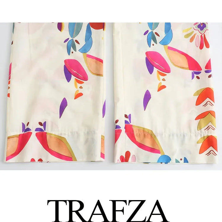 TRAFZA Women New Fashion Suit Print Turn-Down Collar Long Sleeves Buttons Single Breasted Shirts+Elastic Wais Wide Leg Pants