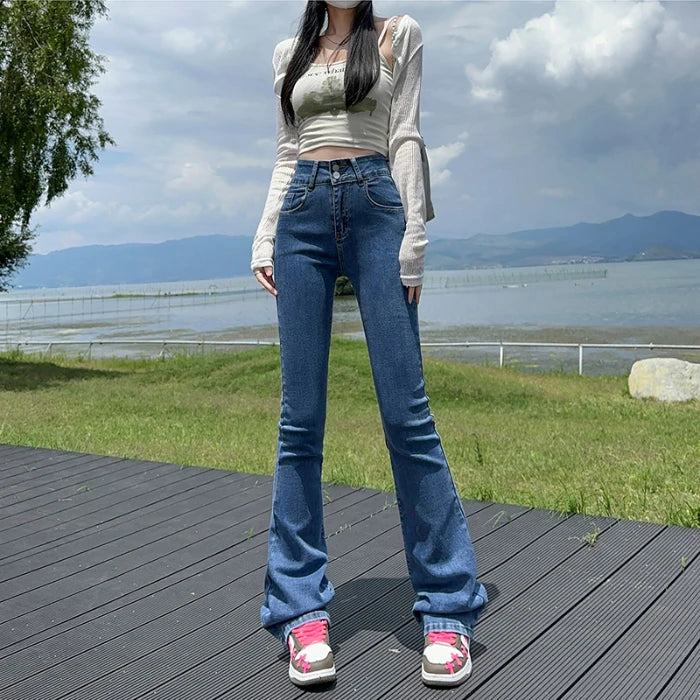 Black Slightly Stretch Jeans For Women's New Tigh Waisted Slim Fit Wide Leg Design Sexy Long Pants for Female Retro Blue Lengthen