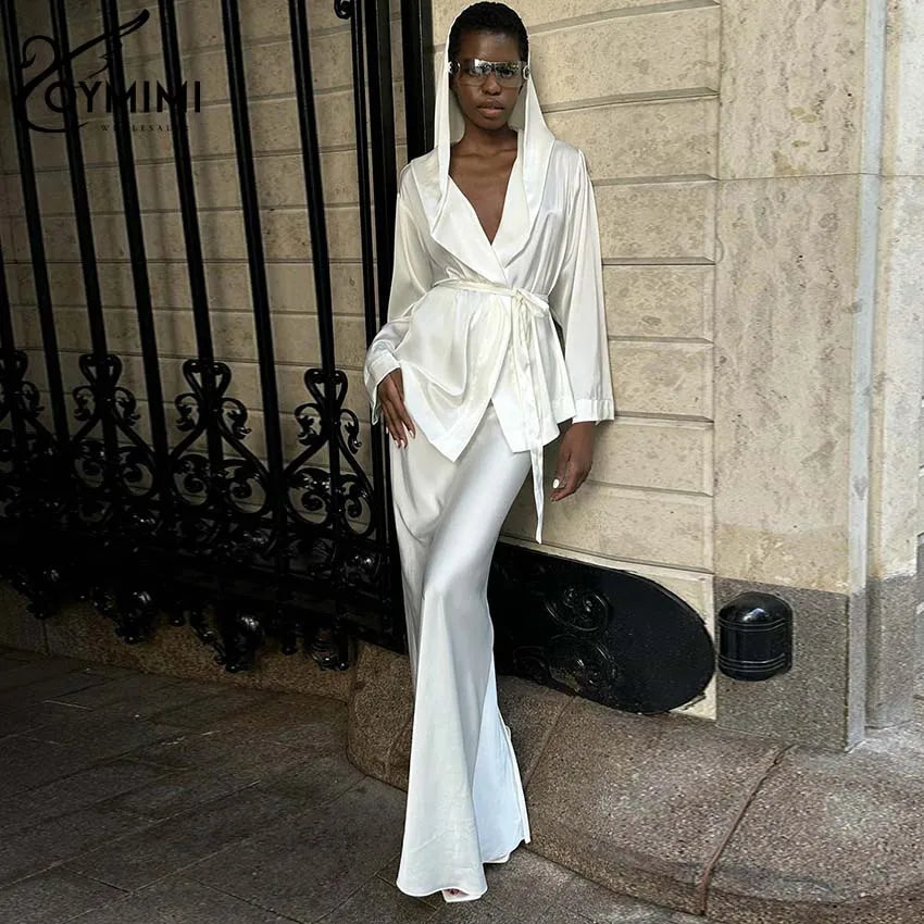 Oymimi Fashion White Satin 2 Piece Sets Women Outfit Elegant Hooded Collar Long Sleeve Lace-Up Blouse + Slim Straight Skirts Set WHITE CN