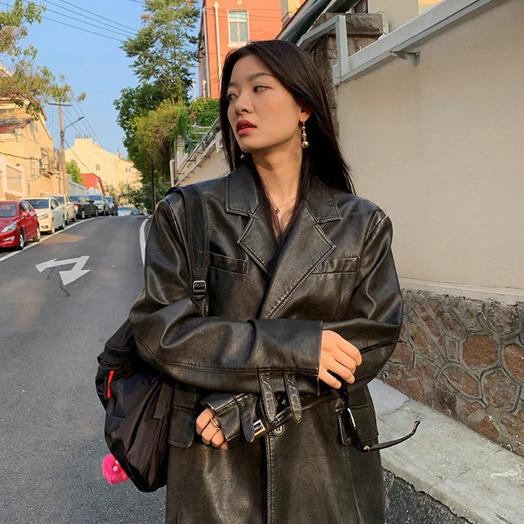 Spring Autumn Cool Retro Soft Distressed Pu Leather Blazer Jacket Women Single Breasted Loose Casual Korean Fashion 2024