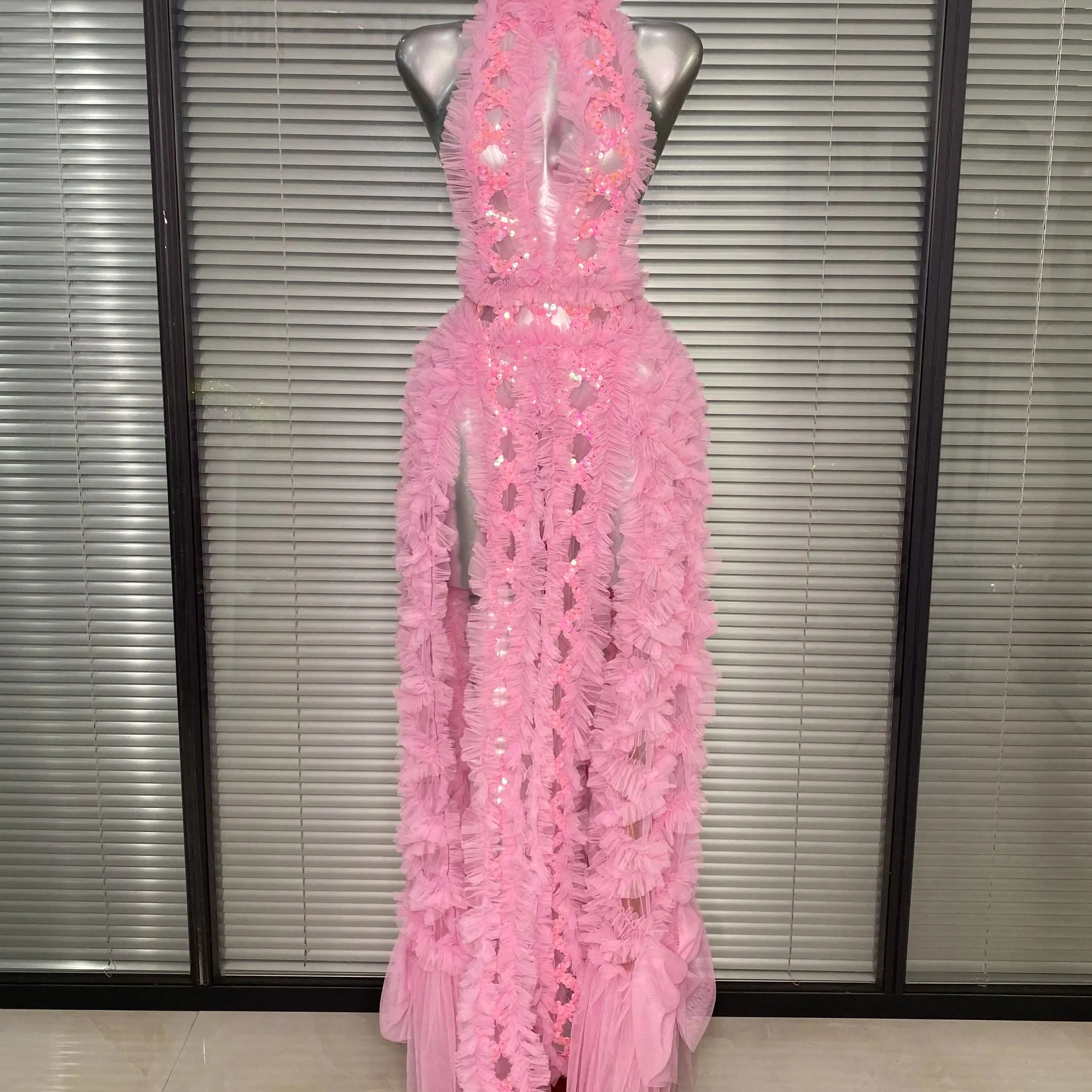 Ins New Women Sexy See Through Sequins Sparkly Red Pink Long Maxi Dress Party Costume Singer Stage Performance Dress