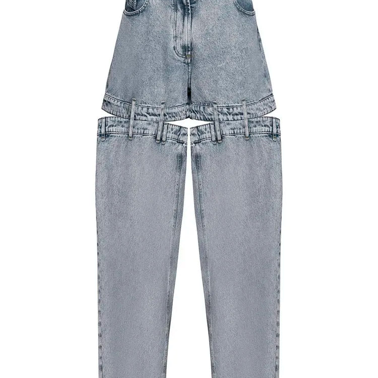 Spliced Zipper Hollow Out demin Jeans For Women High Waist Patchwork Pockets Wide Leg Jean Female Fashion Clothing