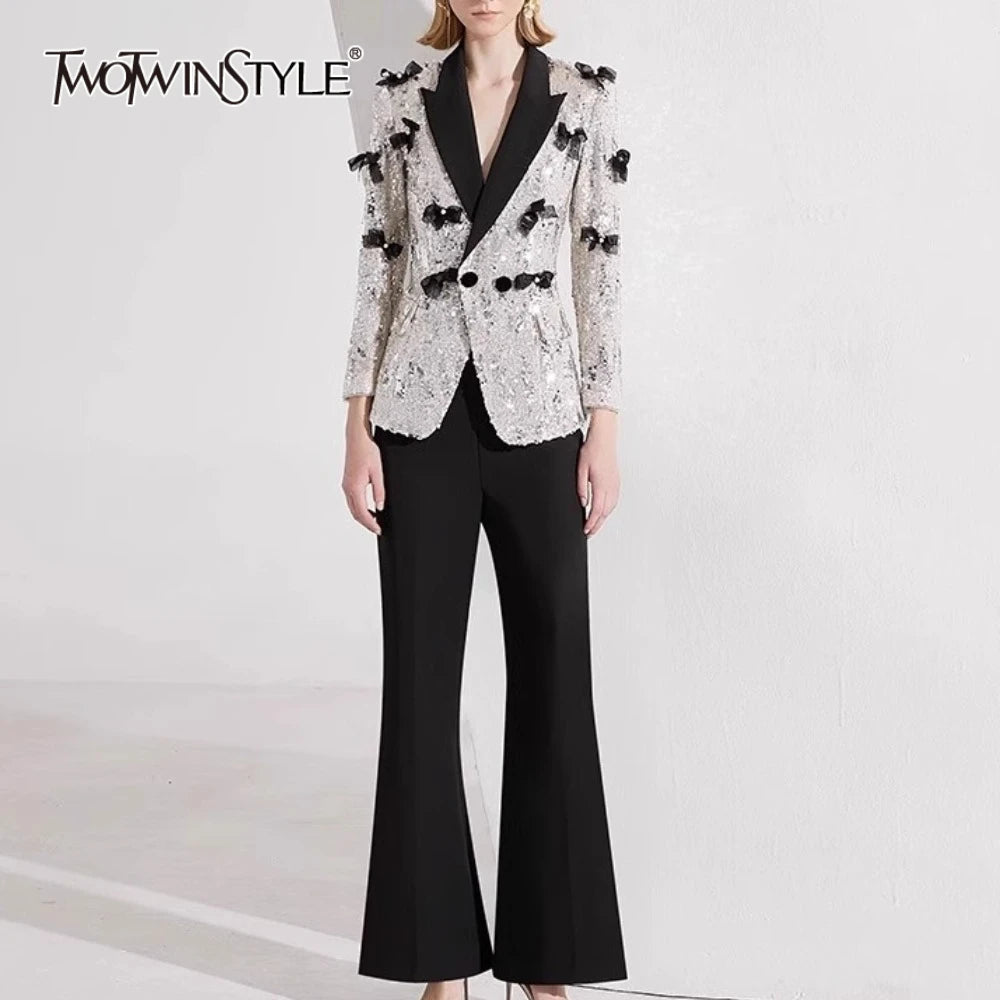 TWOTWINSTYLE Hit Color Spliced Bow Two Piece Sets for Women Lapel Long Sleeves Patchwork Sequin Top Pant Elegant Set Female New