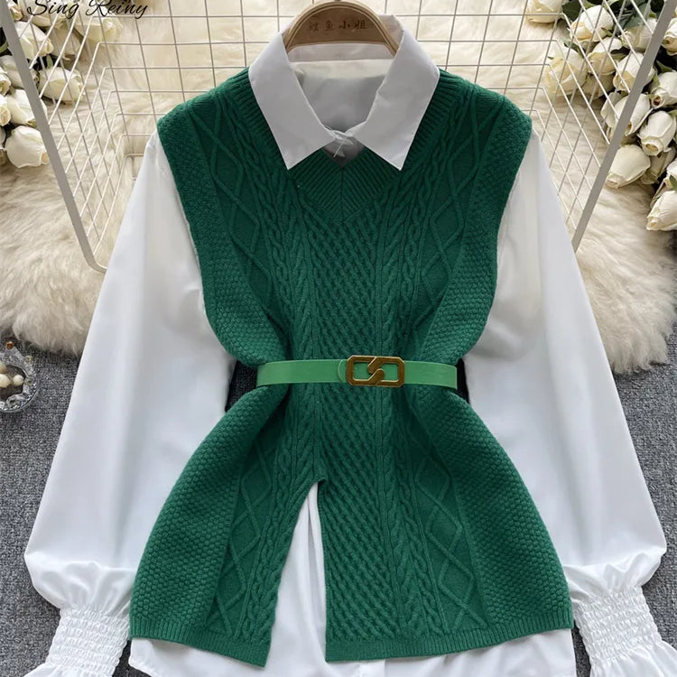 Office Lady Knitted Sweater Warm Thick Knit Vest+Single Breasted Lantern Sleeve Blouse Women Pullover Shirt Suits green One Size