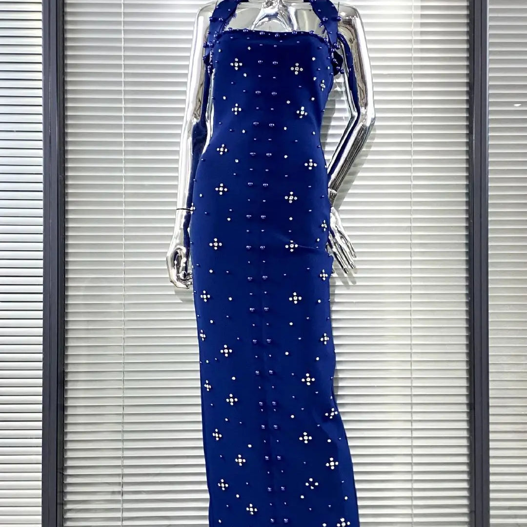 High Quality Women Sexy Halter Off the Shoulder Beading Rhinestones Bodycon Long Bandage Dress Evening Party Cocktail Vestido